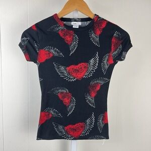 Rue 21 Babydoll Tee Size‎ XS Black Red Hear Angel Wing T-Shirt Ribbed